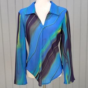 VTG 90s Compagnie Internationale Express Blue Swirl Collared Long Sleeve Top Med